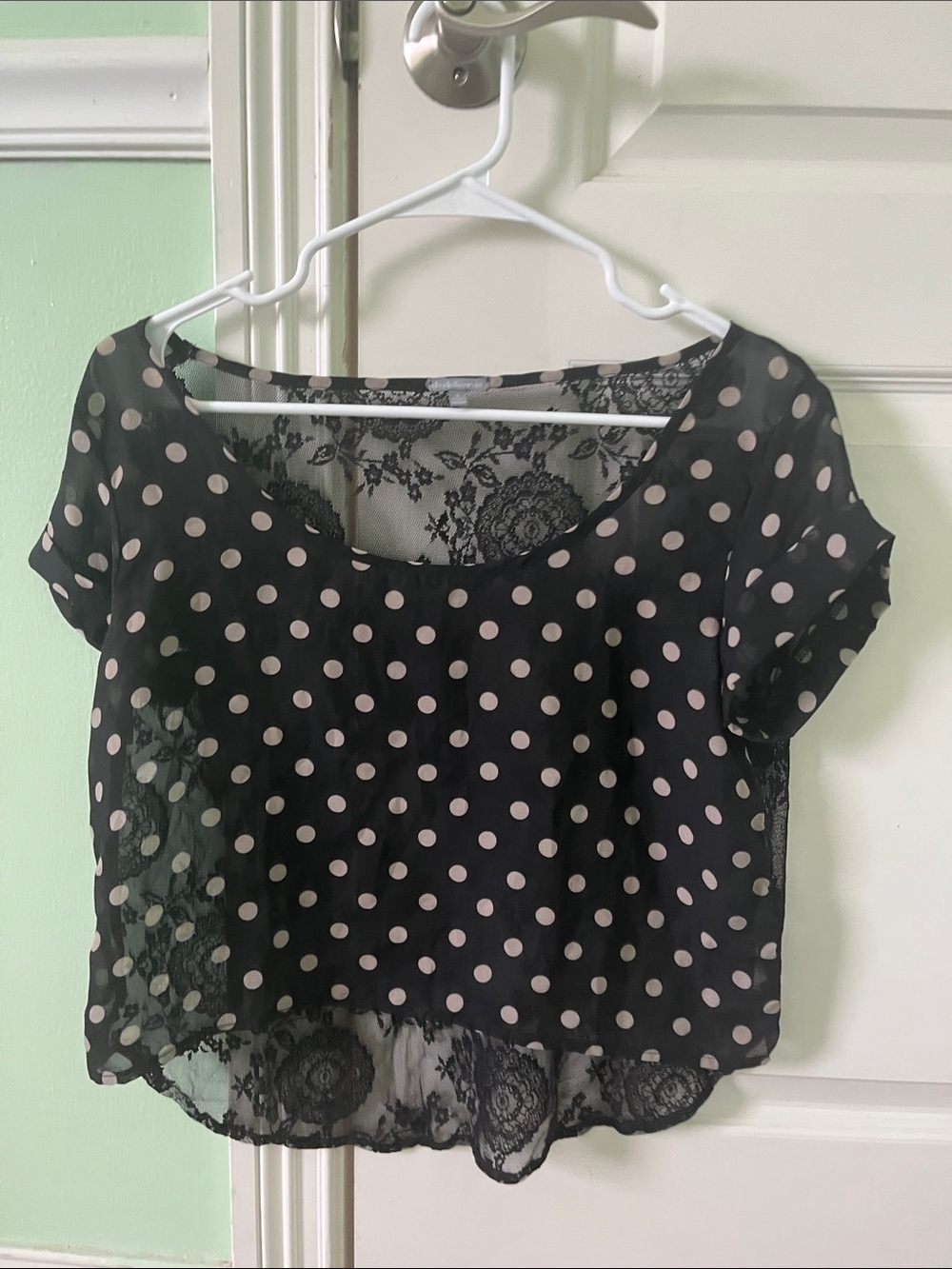 Charlotte Russe Black Crop Top with Light Pink Polka Dots